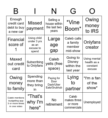 Caleb Hammer Bingo Card