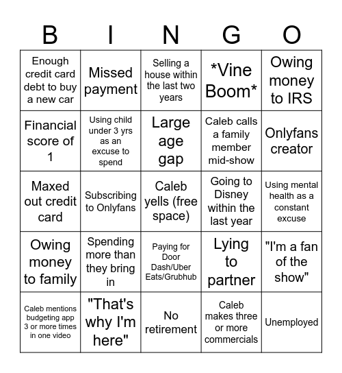 Caleb Hammer Bingo Card