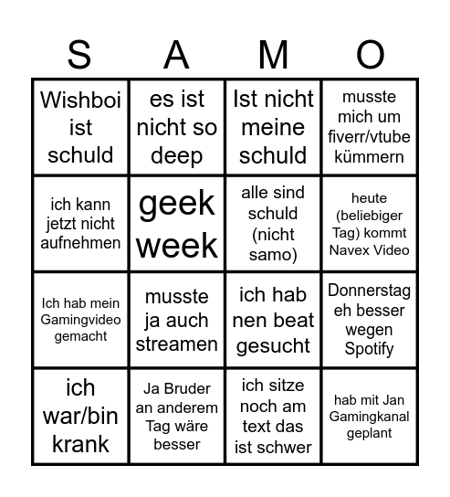 Das "Song kommt später weil..." Bingo Card