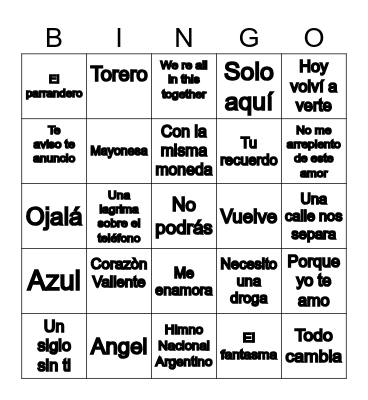 Bingo Musical Pancho Bingo Card