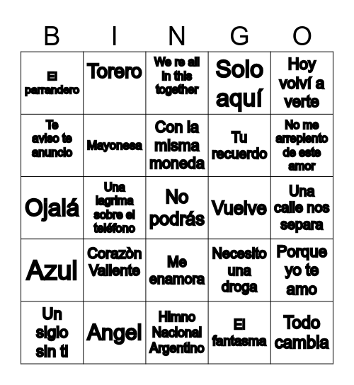 Bingo Musical Pancho Bingo Card
