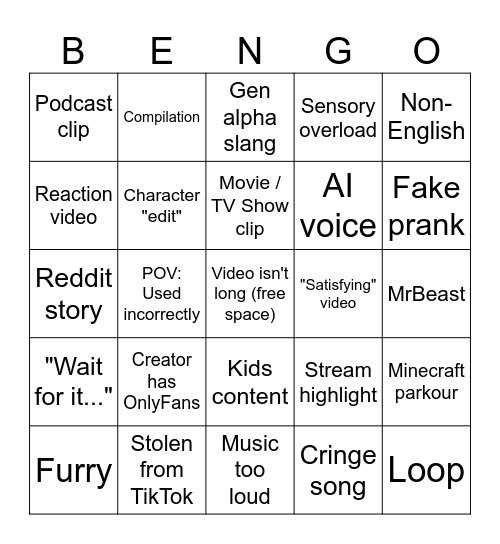 YouTube Shorts Bengo Bingo Card