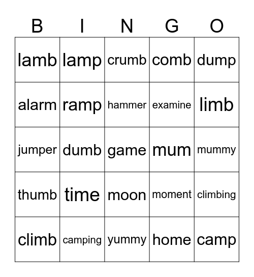 'M' Sound Bingo Card