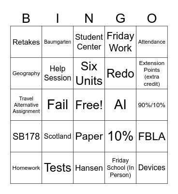 First Day of School Bingo Card
