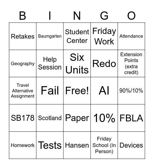 First Day of School Bingo Card