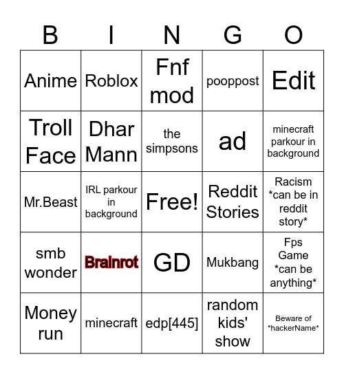 Youtueb Short Bigbo Bingo Card