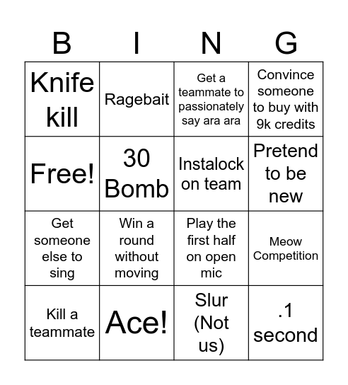 Valorant Bingo Card
