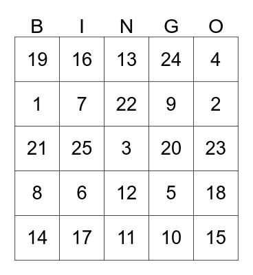 Number Bingo Card