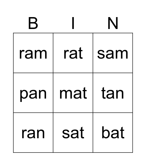 The 'a' Sound Bingo Card