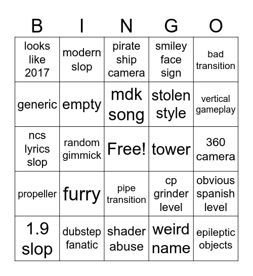 4-5* slop Bingo Card