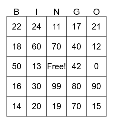 Spanish Numbers Bingo Card