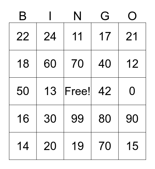 Spanish Numbers Bingo Card