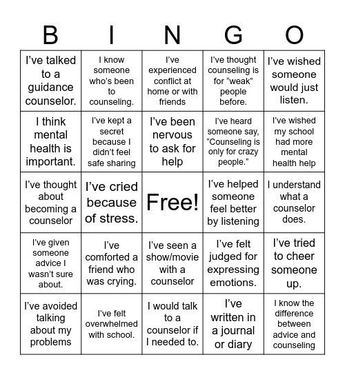 Counseling Bingo Card