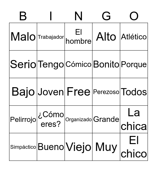 Spanish Vocab Bingo Card