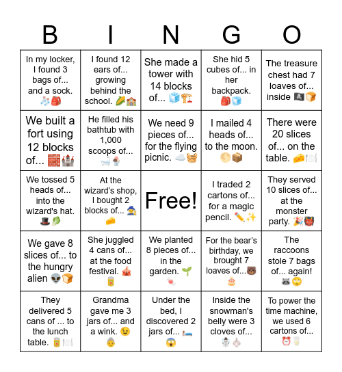 Food Counting Story making Bingo Card