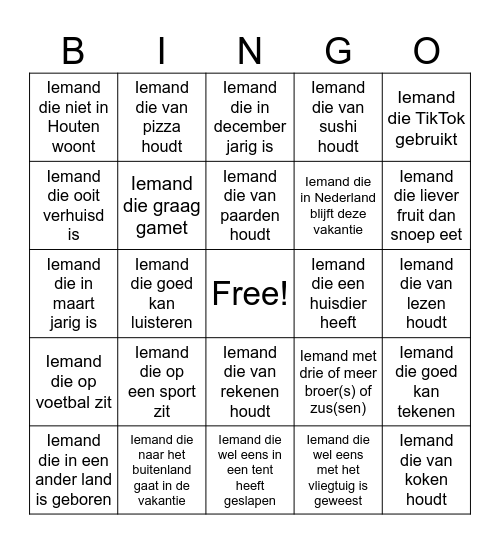 Kennismaken groep 7/8 Bingo Card