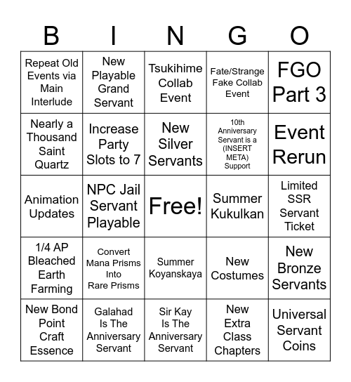 FGO 10th Anniversary Bingo Card