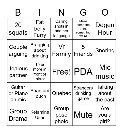 Vrchat Bingo Card
