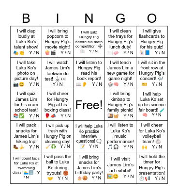 I will cheer for Hungry Pig at his boxing class! 🥊📣 Y / N Bingo Card
