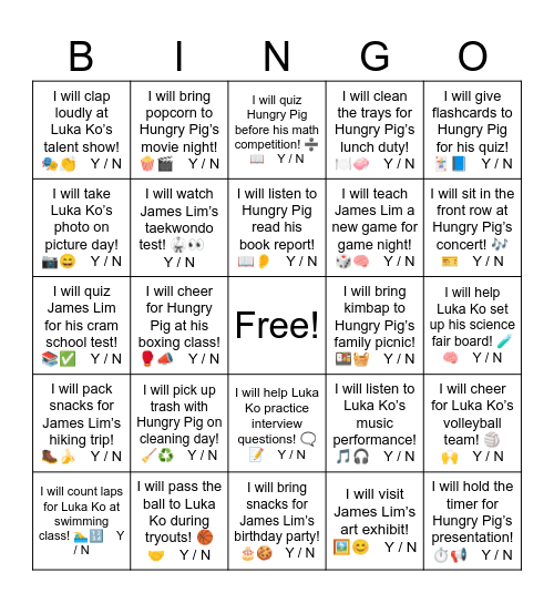 I will cheer for Hungry Pig at his boxing class! 🥊📣 Y / N Bingo Card