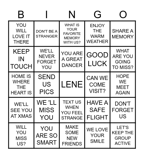 lene's farewell party Bingo Card