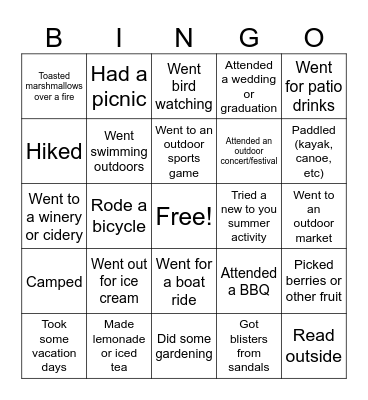 Summer Activity Bingo Card