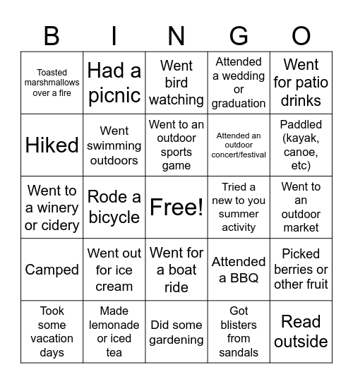 Summer Activity Bingo Card