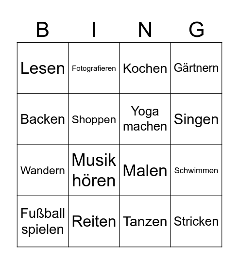 Hobby Bingo Card