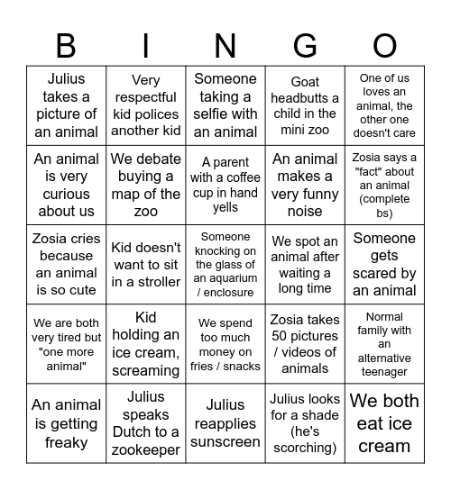 Zoo Bingo Card
