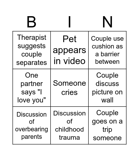 Couples Therapy BINGO Card