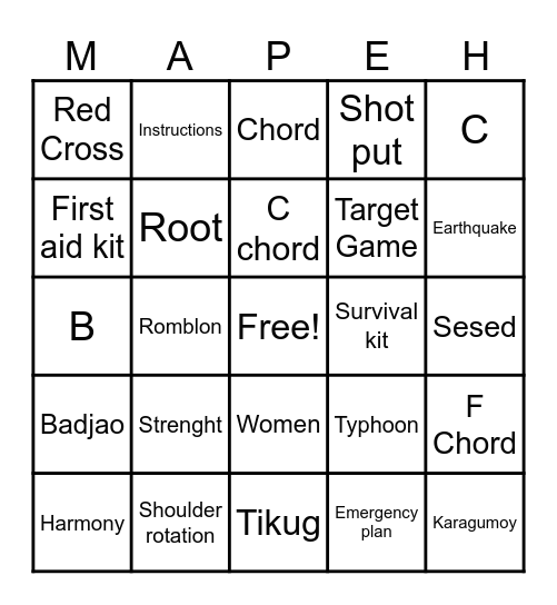 MUSIC, ARTS, PE & HEALTH Bingo Card