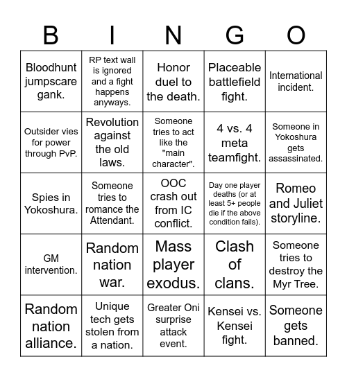 Yokoshura Grace Period Bingo Card