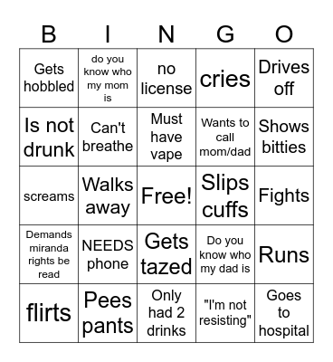 Body Cam Bingo Card
