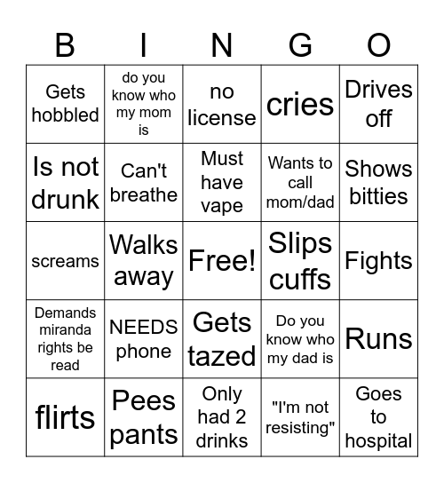 Body Cam Bingo Card
