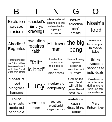 Creationist Argument Bingo Card
