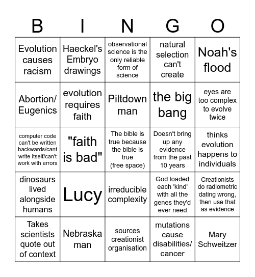 Creationist Argument Bingo Card