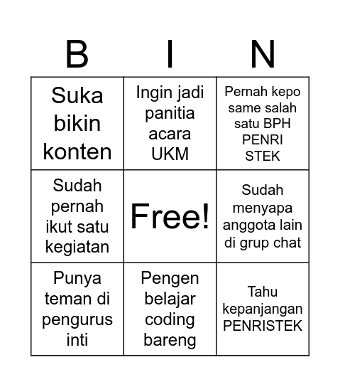 Bingo UKM Penristek Bingo Card