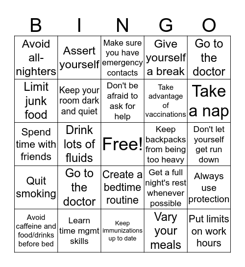 Health & Wellness Bingo Card