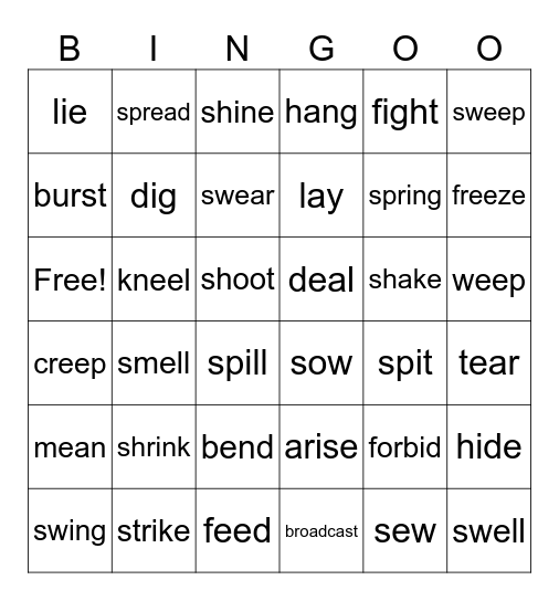 irregular verb FCE Bingo Card