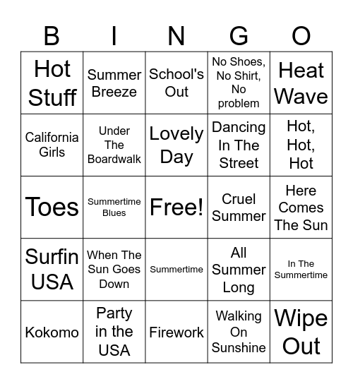 Summer Music Bingo Card