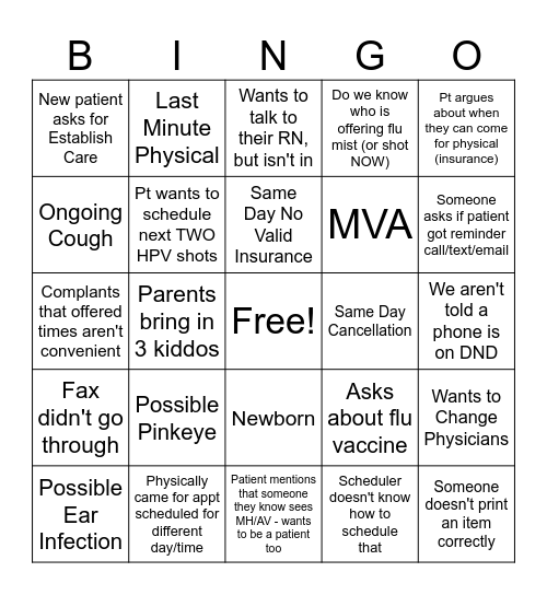 Peds Scheduling Bingo Card