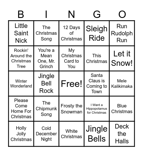 Christmas Song Bingo Card