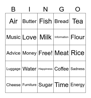 Uncountable Nouns Bingo Card