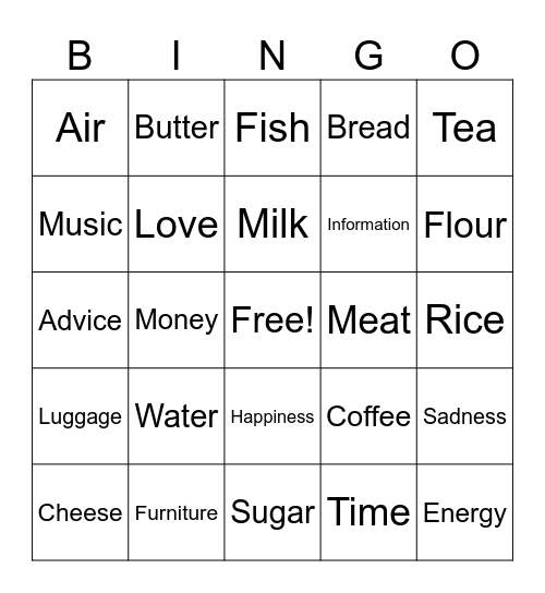 Uncountable Nouns Bingo Card