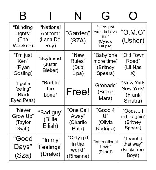 Music Bingo Card