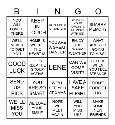 lene's farewell party Bingo Card