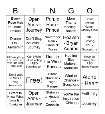 Ballads of the Rock Gods Bingo Card