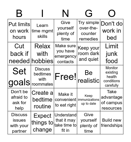 Health & Wellness Bingo Card