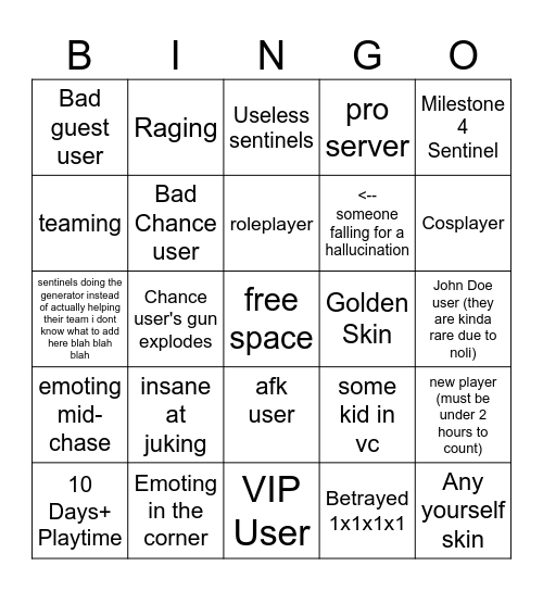 forsaken bingo Card