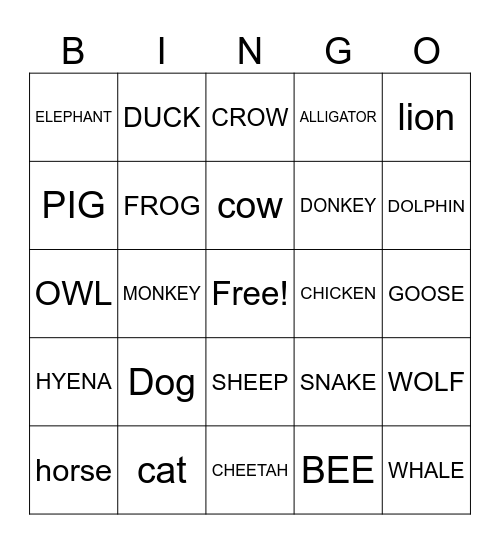 ANIMAL Bingo Card